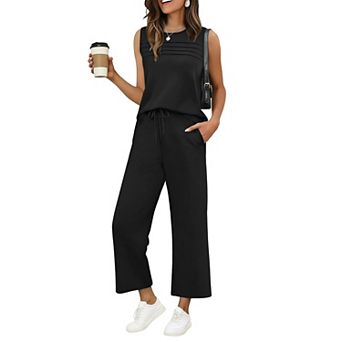 Ekouaer Womens Two Piece Lounge Sets Summer Outfits Oversized Crop Pants Airport Beach Vacation