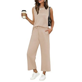 Ekouaer Womens Two Piece Lounge Sets Summer Outfits Oversized Crop Pants Airport Beach Vacation