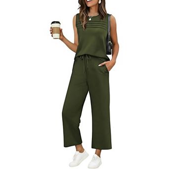 Ekouaer Womens Two Piece Lounge Sets Summer Outfits Oversized Crop Pants Airport Beach Vacation