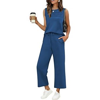 Ekouaer Womens Two Piece Lounge Sets Summer Outfits Oversized Crop Pants Airport Beach Vacation