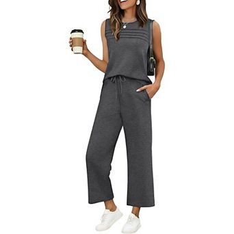 Ekouaer Womens Two Piece Lounge Sets Summer Outfits Oversized Crop Pants Airport Beach Vacation