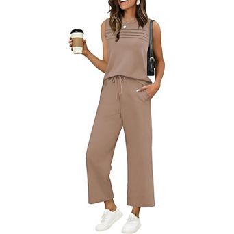 Ekouaer Womens Two Piece Lounge Sets Summer Outfits Oversized Crop Pants Airport Beach Vacation