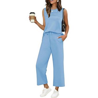 Ekouaer Womens Two Piece Lounge Sets Summer Outfits Oversized Crop Pants Airport Beach Vacation