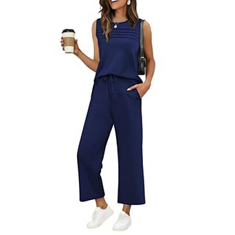 Ekouaer Womens Two Piece Lounge Sets Summer Outfits Oversized Crop Pants Airport Beach Vacation
