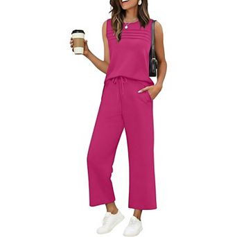 Ekouaer Womens Two Piece Lounge Sets Summer Outfits Oversized Crop Pants Airport Beach Vacation