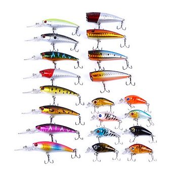 20 pc Fishing Lures Kit Minnow Popper Crank Baits Hooks