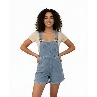 Women's Loose Fit Denim Short Overalls, Multi-Pocket Casual Jumpsuit Shorts