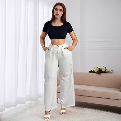 Women Wide Leg Suit Pants High Elastic Waisted Business Work Trousers