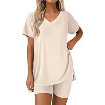Ekouaer Pajamas for Womens Set Two Piece Lounge Pjs Biker Shorts Sets V Neck Tops Matching Outfits