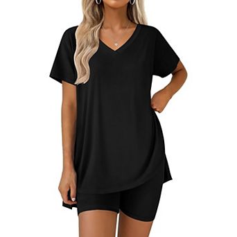 Ekouaer Pajamas for Womens Set Two Piece Lounge Pjs Biker Shorts Sets V Neck Tops Matching Outfits