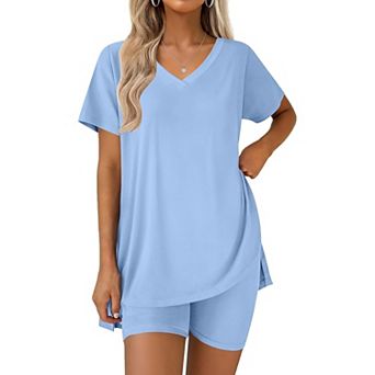 Ekouaer Pajamas for Womens Set Two Piece Lounge Pjs Biker Shorts Sets V Neck Tops Matching Outfits