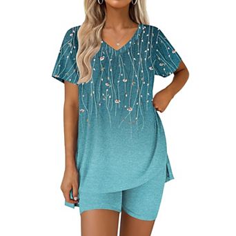 Ekouaer Pajamas for Womens Set Two Piece Lounge Pjs Biker Shorts Sets V Neck Tops Matching Outfits