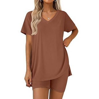 Ekouaer Pajamas for Womens Set Two Piece Lounge Pjs Biker Shorts Sets V Neck Tops Matching Outfits