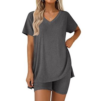 Ekouaer Pajamas for Womens Set Two Piece Lounge Pjs Biker Shorts Sets V Neck Tops Matching Outfits