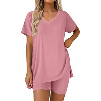 Ekouaer Pajamas for Womens Set Two Piece Lounge Pjs Biker Shorts Sets V Neck Tops Matching Outfits