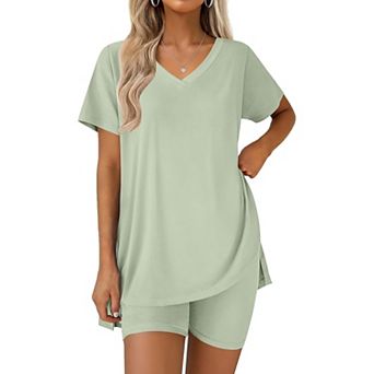 Ekouaer Pajamas for Womens Set Two Piece Lounge Pjs Biker Shorts Sets V Neck Tops Matching Outfits