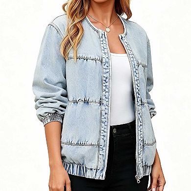 Women's Casual Denim Jacket, Round Neck Zip Up Loose Fit Bomber Outerwear