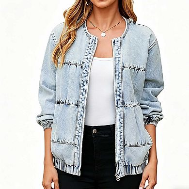 Women's Casual Denim Jacket, Round Neck Zip Up Loose Fit Bomber Outerwear