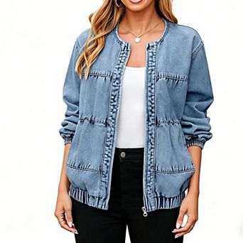 Women's Casual Denim Jacket, Round Neck Zip Up Loose Fit Bomber Outerwear