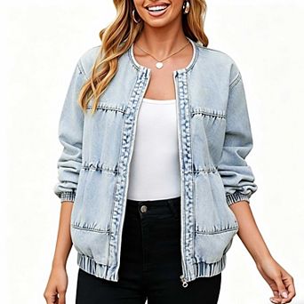 Women's Casual Denim Jacket, Round Neck Zip Up Loose Fit Bomber Outerwear