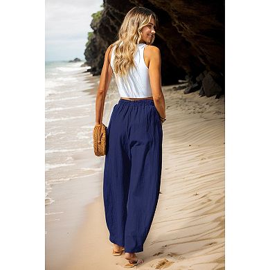 Women's Comfortable Palazzo Lounge Pants, Elastic Waist Loose Leg Trousers with Pockets
