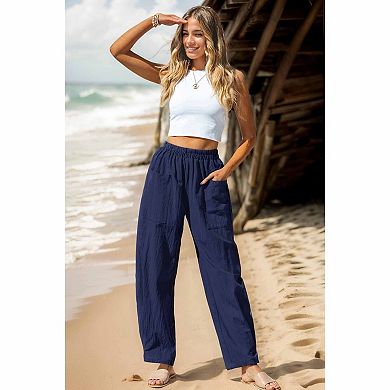 Women's Comfortable Palazzo Lounge Pants, Elastic Waist Loose Leg Trousers with Pockets