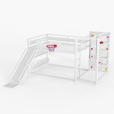 Pnronnc Metal Bunk Bed, Sport Loft Bed Floor Bed with Basketball Hoop, Pull-up Rings, Climbing Wall