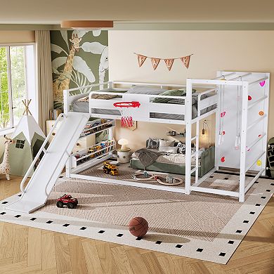 Pnronnc Metal Bunk Bed, Sport Loft Bed Floor Bed with Basketball Hoop, Pull-up Rings, Climbing Wall