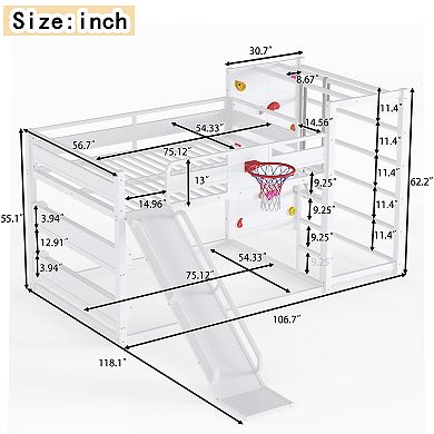 Pnronnc Metal Bunk Bed, Sport Loft Bed Floor Bed with Basketball Hoop, Pull-up Rings, Climbing Wall