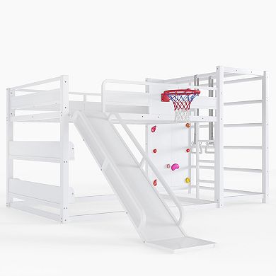 Pnronnc Metal Bunk Bed, Sport Loft Bed Floor Bed with Basketball Hoop, Pull-up Rings, Climbing Wall