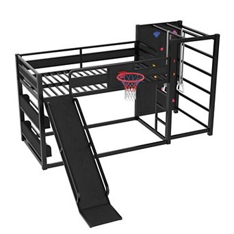 Pnronnc Metal Bunk Bed, Sport Loft Bed Floor Bed with Basketball Hoop, Pull-up Rings, Climbing Wall