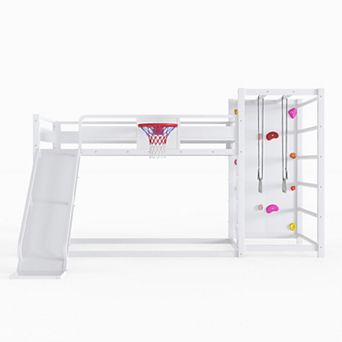 Pnronnc Metal Bunk Bed, Sport Loft Bed Floor Bed with Basketball Hoop, Pull-up Rings, Climbing Wall