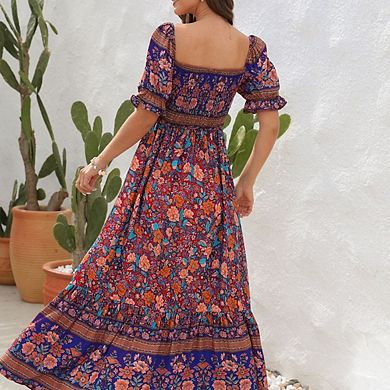 Women's Short Sleeves Boho Floral Print Tiered Maxi Dress