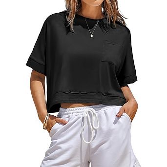 Womens Oversized Crop Tops Short Sleeve Casual Loose Fit Basic Tee Shirts with Pockets