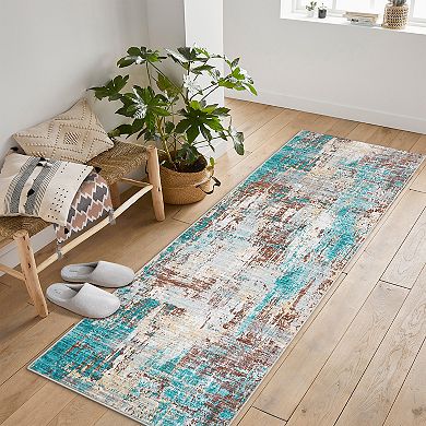 Non-Slip Washable Abstract Long Rug Soft Runner Carpet with Rubber Backing for Hallway, Bedroom