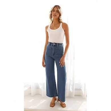 Women's High Waist Flared Denim Jeans, Relaxed Wide Leg Pants with Pockets