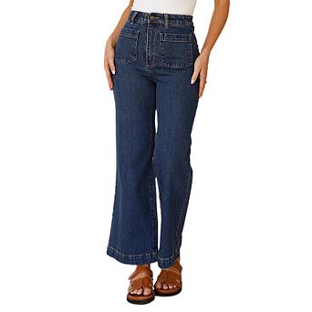 Women's High Waist Flared Denim Jeans, Relaxed Wide Leg Pants with Pockets