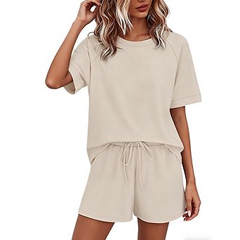 Women's Casual Loungewear Set 2 pc Short Sleeve Crewneck Top and Drawstring Shorts