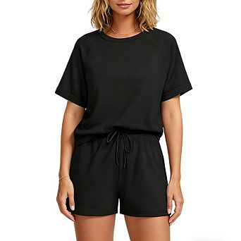 Women's Casual Loungewear Set 2 pc Short Sleeve Crewneck Top and Drawstring Shorts