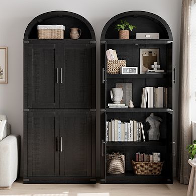 Arched Bookshelf with Doors Farmhouse Bookcase, Wooden Living Room, Kitchen, Office
