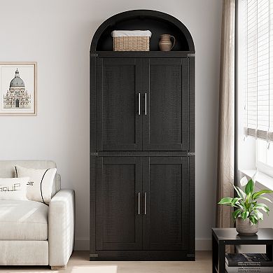 Arched Bookshelf with Doors Farmhouse Bookcase, Wooden Living Room, Kitchen, Office