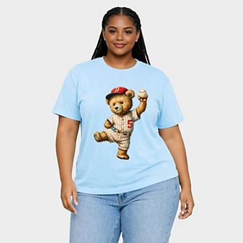 Baseball Bear - Women's Plus Sized Garment Dyed Graphic T-Shirt