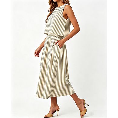 Women's Striped 2-Piece Vacation Set, Sleeveless Crop Top & Flowy Midi Skirt