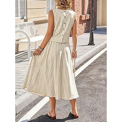 Women's Striped 2-Piece Vacation Set, Sleeveless Crop Top & Flowy Midi Skirt