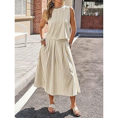 Women's Striped 2-Piece Vacation Set, Sleeveless Crop Top & Flowy Midi Skirt