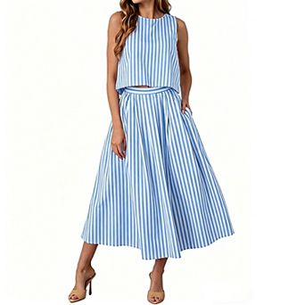 Women's Striped 2 pc Vacation Set, Sleeveless Crop Top & Flowy Midi Skirt