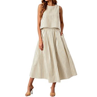 Women's Striped 2 pc Vacation Set, Sleeveless Crop Top & Flowy Midi Skirt