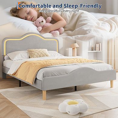 Princess Style Soft Upholstered Platform Bed Frame with Adjustable LED Headboard & Footboard