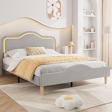 Princess Style Soft Upholstered Platform Bed Frame with Adjustable LED Headboard & Footboard