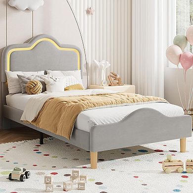 Princess Style Soft Upholstered Platform Bed Frame with Adjustable LED Headboard & Footboard